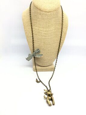 VINTAGE WHIMSICAL DEER Necklace Brass Tone Animal Charm Bird Bow Cottage